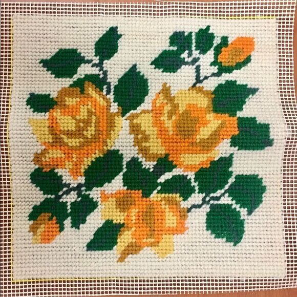 Vintage Floral Rose Needlepoint Pillow Square Unfinished - Picture 1 of 11